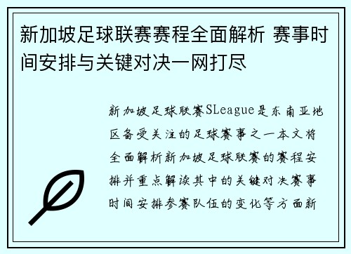 新加坡足球联赛赛程全面解析 赛事时间安排与关键对决一网打尽