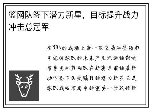 篮网队签下潜力新星，目标提升战力冲击总冠军