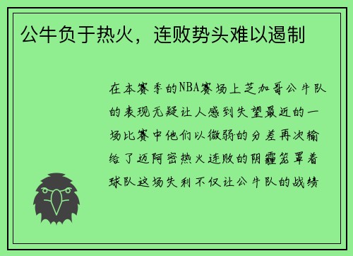 公牛负于热火，连败势头难以遏制