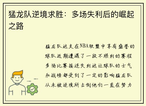 猛龙队逆境求胜：多场失利后的崛起之路